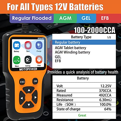 MOTOPOWER MP0515A 12V Car Battery Tester Automotive 100-2000 CCA Battery Load - Image 3
